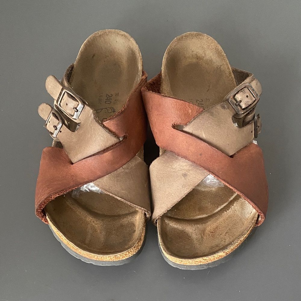 Rare Tatami by Birkenstock Two-Tone Brown Leather Slide Sandals Sz 240 Vacation